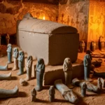 Sarcophage égyptien entouré de figurines funéraires dans une tombe décorée