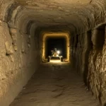 Un rover robotisé avançant dans un long tunnel souterrain éclairé, aux parois rocheuses sculptées.