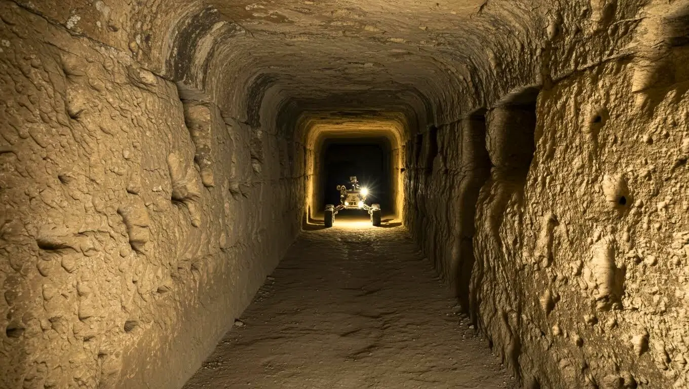 Un rover robotisé avançant dans un long tunnel souterrain éclairé, aux parois rocheuses sculptées.