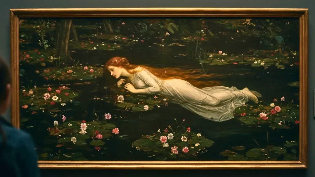 Peinture encadrée représentant une femme en robe blanche flottant sur un étang couvert de nénuphars, observée par un visiteur dans un musée.