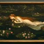 Peinture encadrée représentant une femme en robe blanche flottant sur un étang couvert de nénuphars, observée par un visiteur dans un musée.