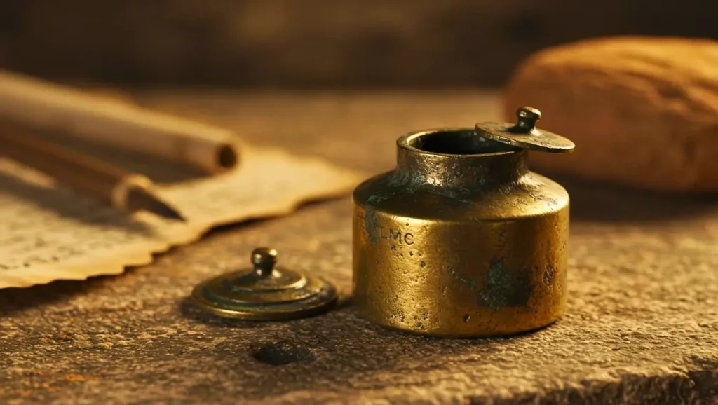 Encrier romain en bronze posé sur une table en pierre, avec un couvercle ouvert et des rouleaux d’écriture en arrière-plan.
