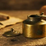 Encrier romain en bronze posé sur une table en pierre, avec un couvercle ouvert et des rouleaux d’écriture en arrière-plan.