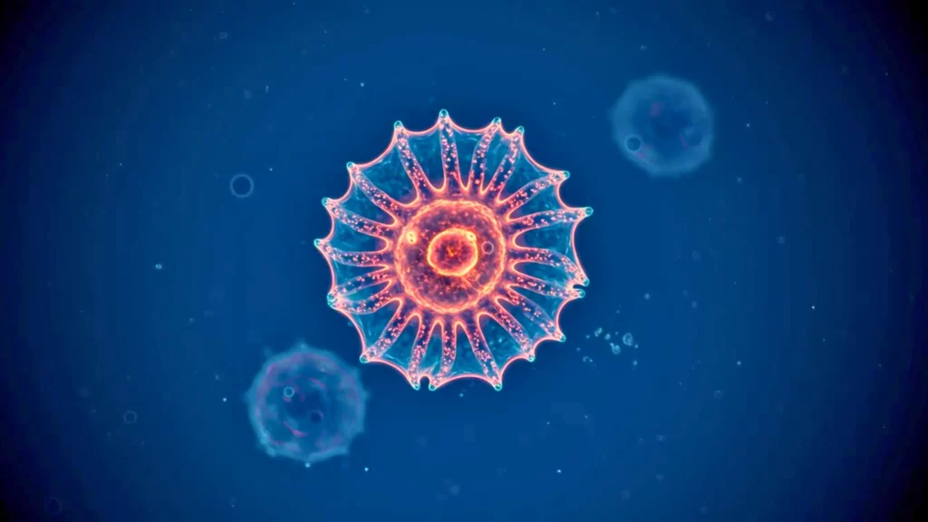 Cellule marine inconnue en forme de soleil flottant dans un environnement bleu
