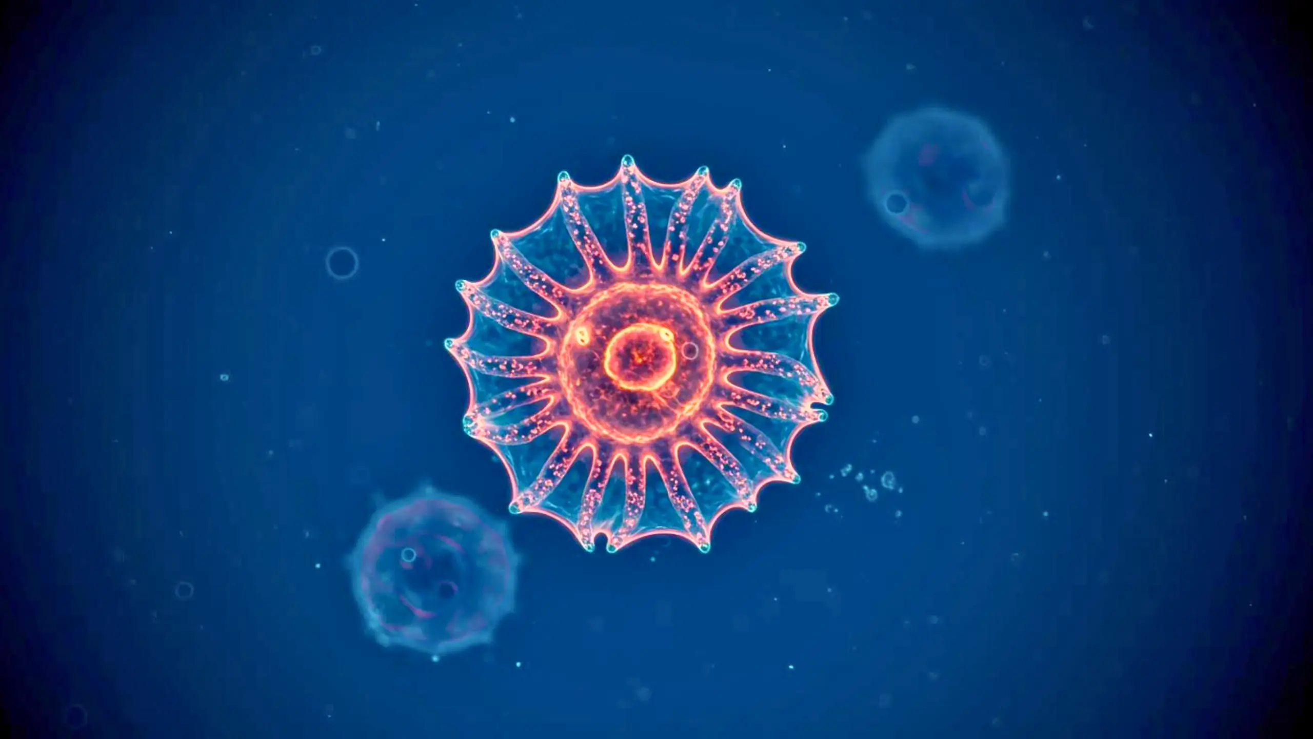 Cellule marine inconnue en forme de soleil flottant dans un environnement bleu