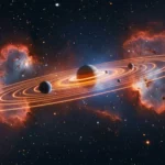 Illustration d’un système planétaire avec des anneaux lumineux au milieu d’un ciel étoilé