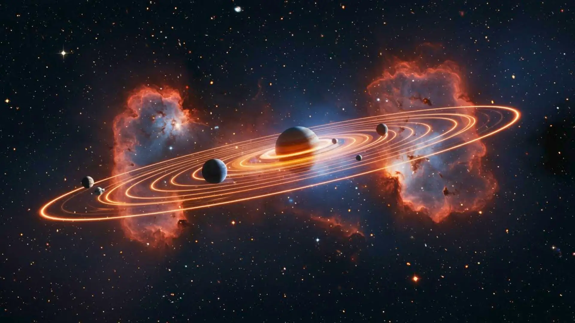 Illustration d’un système planétaire avec des anneaux lumineux au milieu d’un ciel étoilé