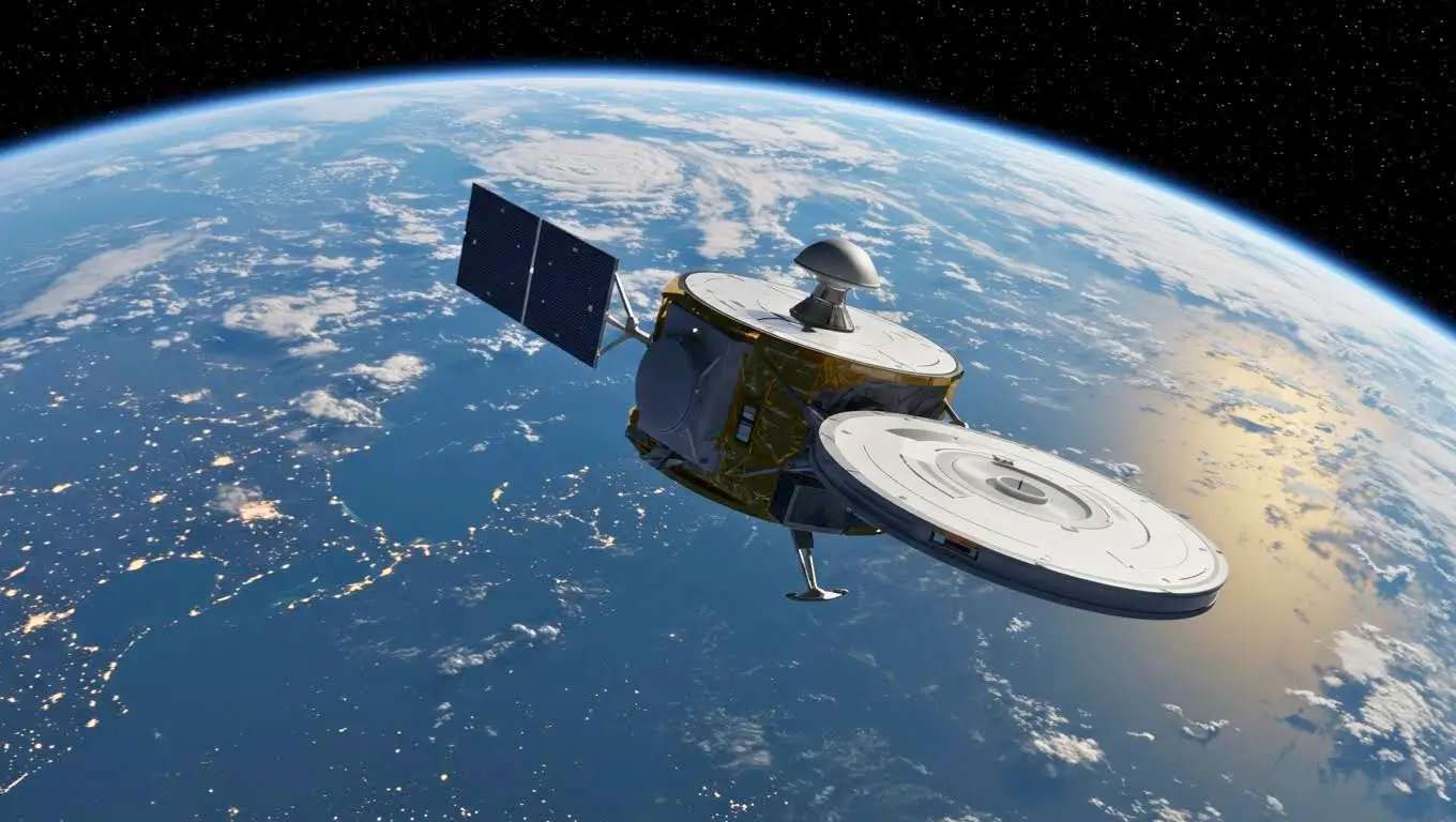 Satellite haute technologie en orbite terrestre, équipé de panneaux solaires et d’antennes circulaires, survolant la planète.