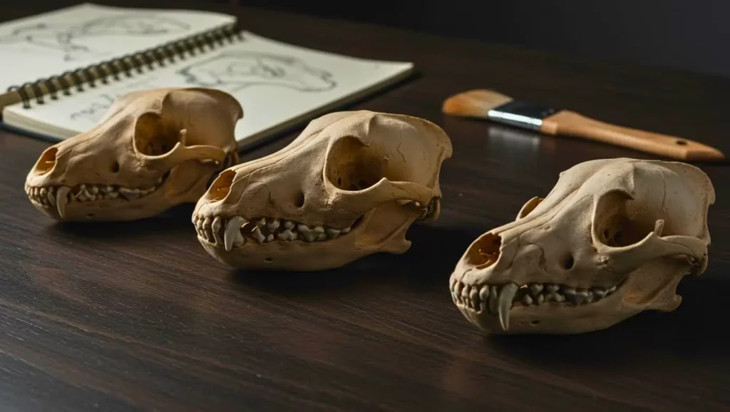 Trois crânes animaux alignés sur une table en bois, avec un carnet de dessins et un pinceau en arrière-plan.