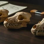 Trois crânes animaux alignés sur une table en bois, avec un carnet de dessins et un pinceau en arrière-plan.