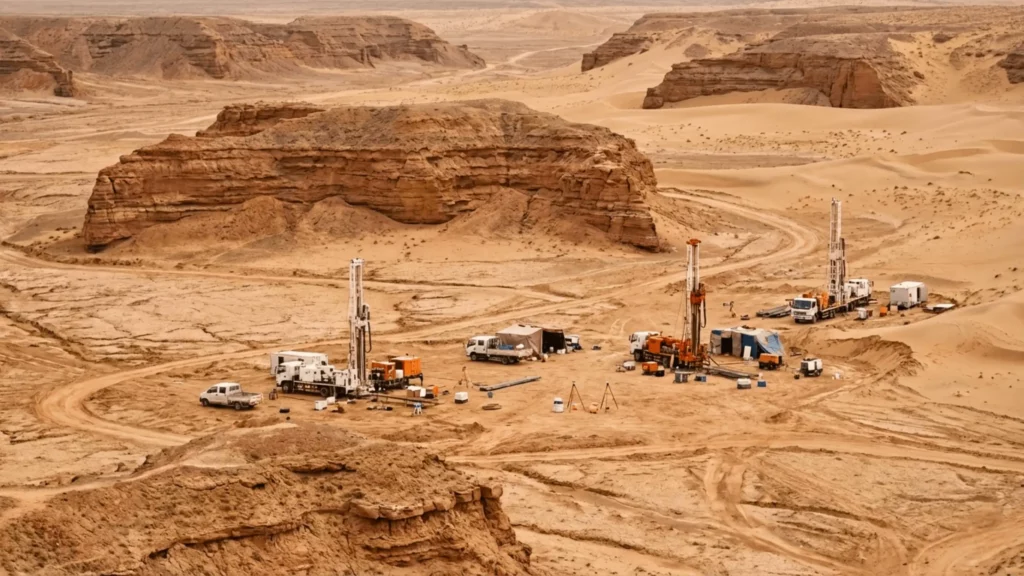 Installations de forage minier dans le désert d’Ordos en Chine, utilisées pour l’exploration d’un important gisement d’uranium.