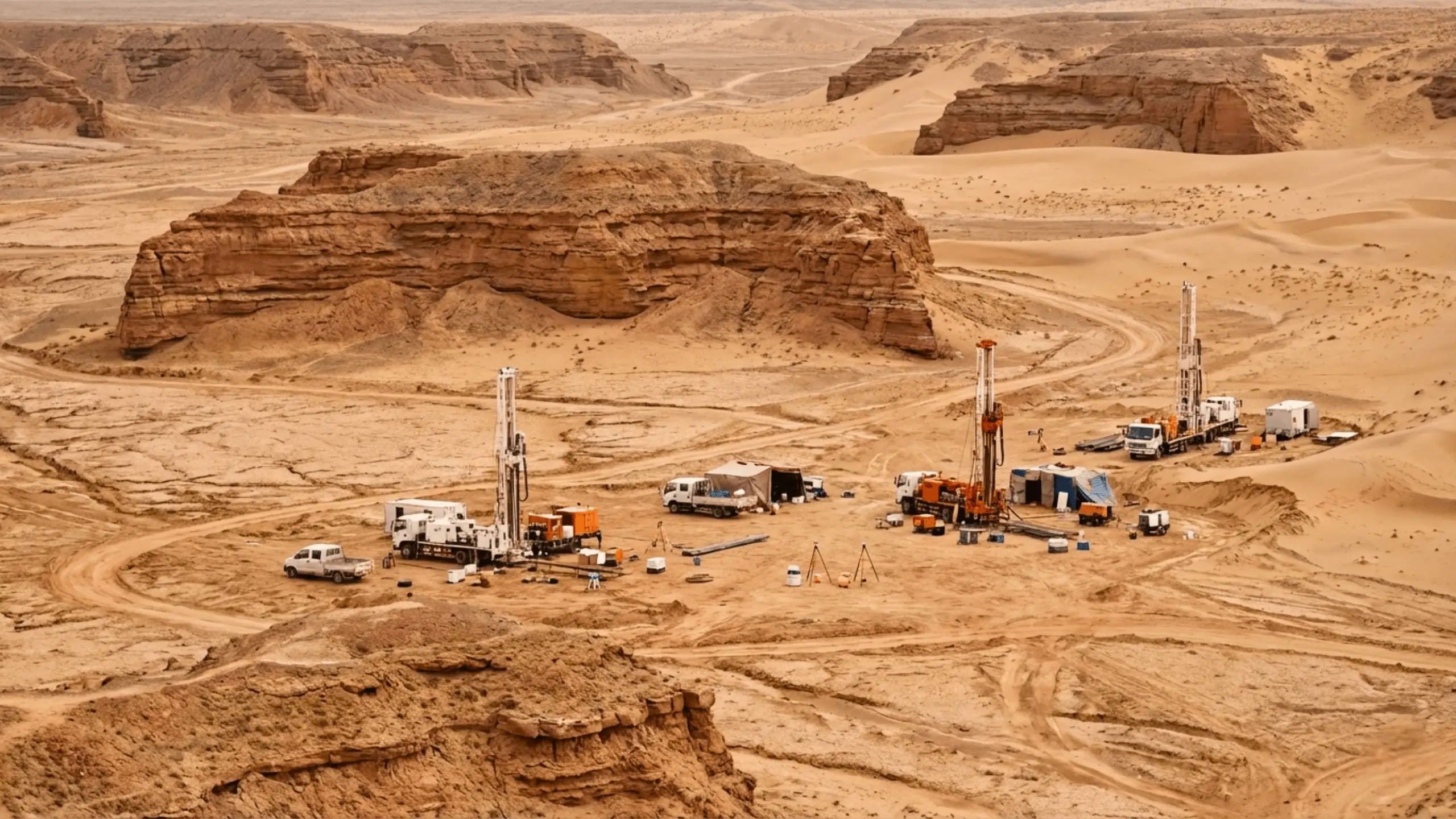 Installations de forage minier dans le désert d’Ordos en Chine, utilisées pour l’exploration d’un important gisement d’uranium.