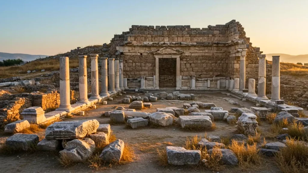 Ruines du temple antique de Limyra en Turquie avec colonnes et façade en pierre au coucher du soleil