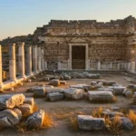 Ruines du temple antique de Limyra en Turquie avec colonnes et façade en pierre au coucher du soleil