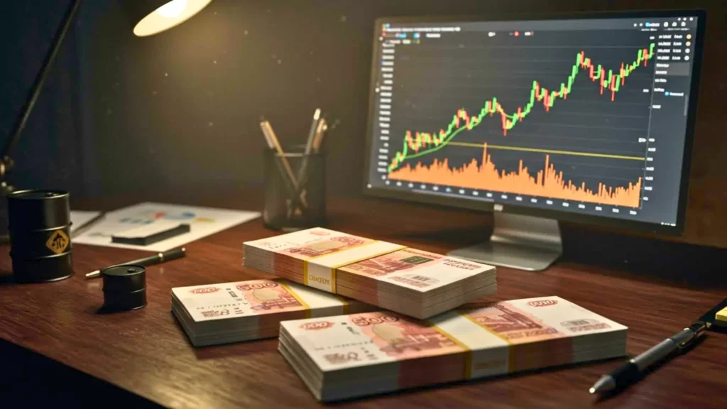 Liasses de roubles russes posées sur un bureau devant un écran affichant un graphique financier en forte hausse.
