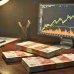 Liasses de roubles russes posées sur un bureau devant un écran affichant un graphique financier en forte hausse.