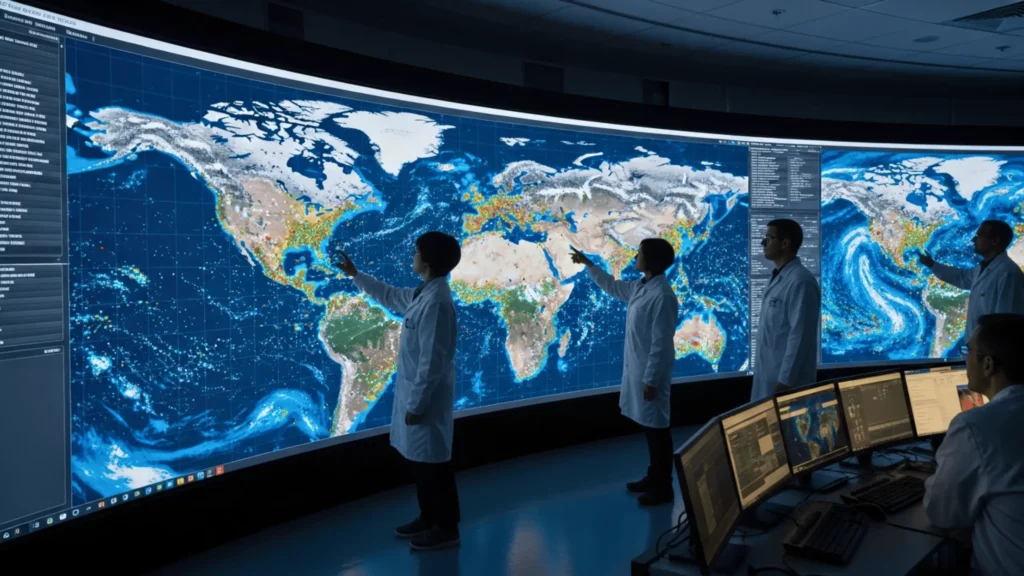 Chercheurs en laboratoire analysant une carte mondiale du climat sur un gigantesque écran de simulation.