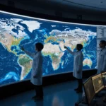 Chercheurs en laboratoire analysant une carte mondiale du climat sur un gigantesque écran de simulation.