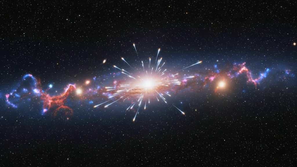 Illustration d’une immense explosion lumineuse au centre d’une galaxie, avec des jets d’énergie projetés dans toutes les directions.