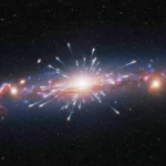 Illustration d’une immense explosion lumineuse au centre d’une galaxie, avec des jets d’énergie projetés dans toutes les directions.