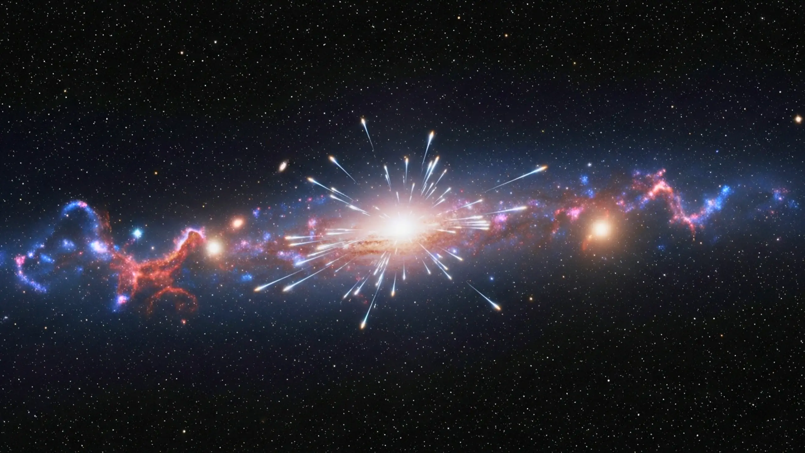 Illustration d’une immense explosion lumineuse au centre d’une galaxie, avec des jets d’énergie projetés dans toutes les directions.
