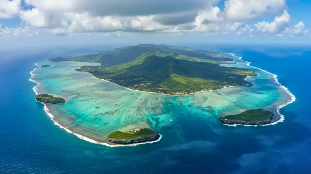 Vue aérienne d’une île de Guadeloupe entourée de lagons turquoise, récifs coralliens et reliefs verdoyants