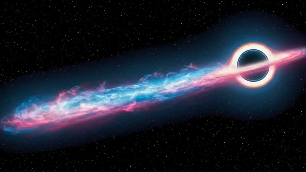 Illustration d’un trou noir supermassif en fuite dans l’espace, entouré d’un disque lumineux et traînant une longue queue de gaz colorée.