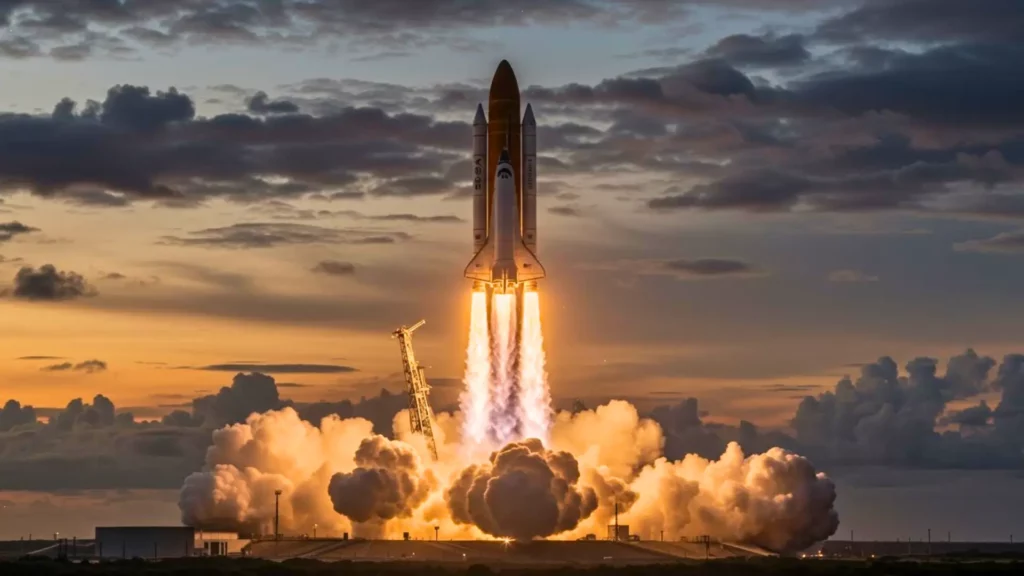 Fusée décolant au crépuscule avec des flammes intenses et un large nuage de fumée.