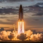 Fusée décolant au crépuscule avec des flammes intenses et un large nuage de fumée.