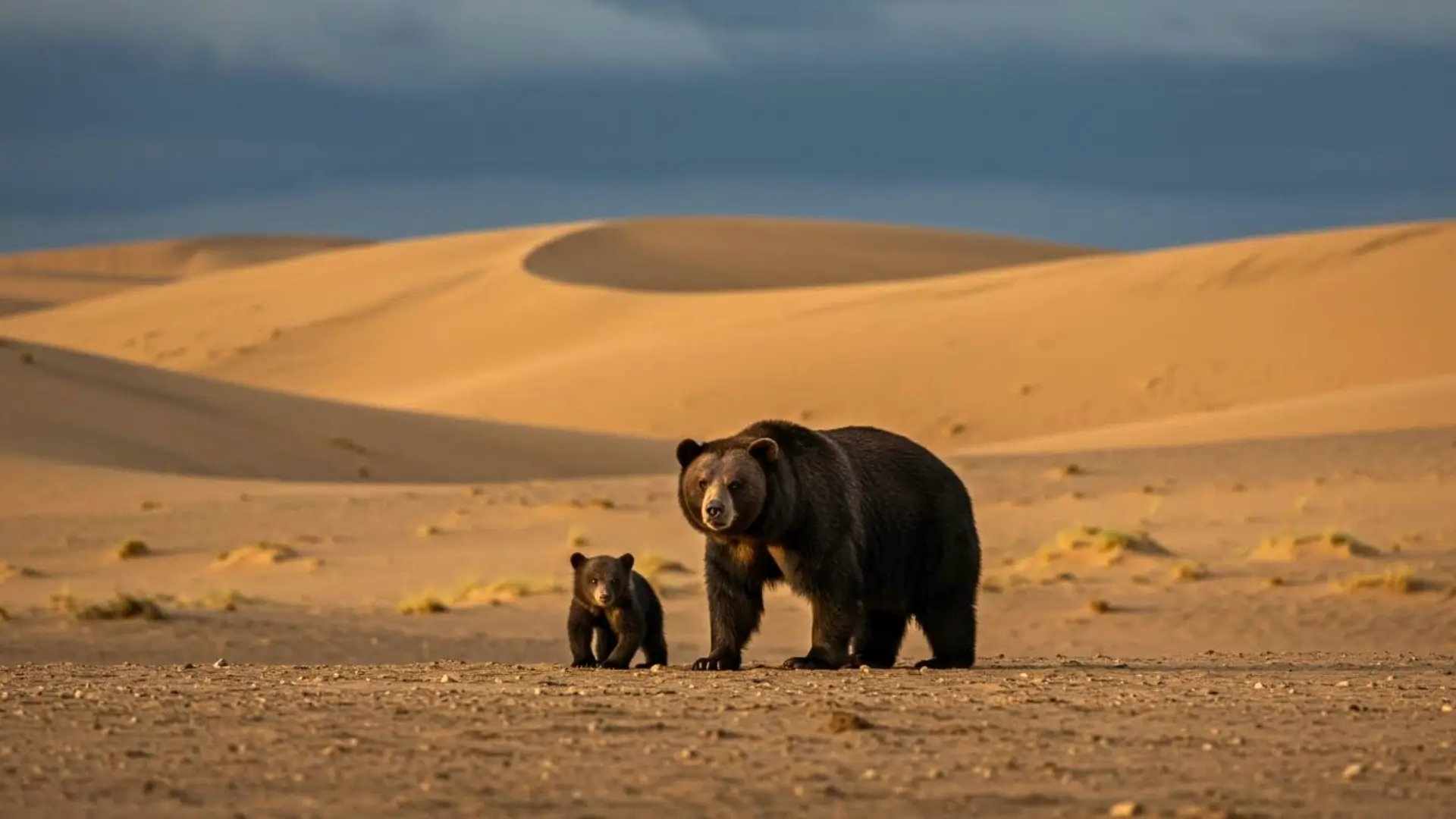 Ourse du Gobi marchant dans le désert avec son ourson, une scène rare captée dans les dunes de Mongolie