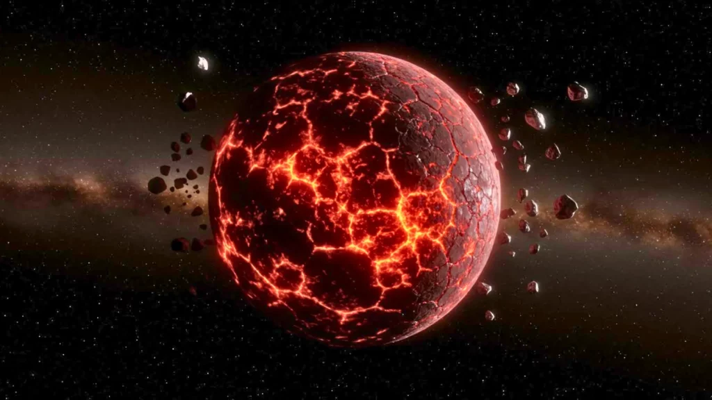 Illustration d’une exoplanète brûlante à la surface fracturée, parcourue de lave en fusion, orbitant dans l’espace près d’une étoile morte de type pulsar.