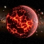 Illustration d’une exoplanète brûlante à la surface fracturée, parcourue de lave en fusion, orbitant dans l’espace près d’une étoile morte de type pulsar.