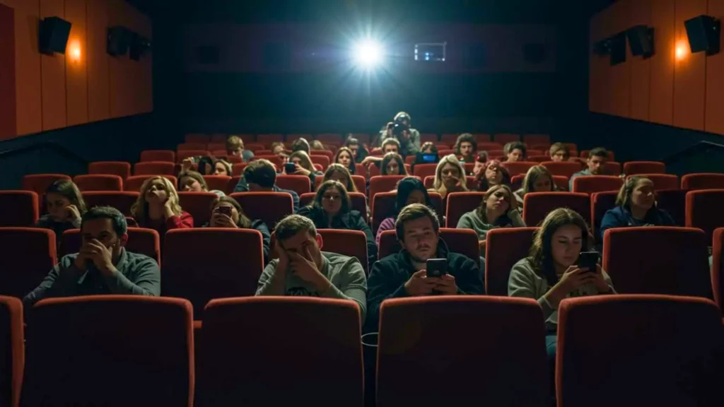 Spectateurs frustrés dans une salle de cinéma, regardant leur téléphone après la projection d’Avatar 3 sans teaser Marvel