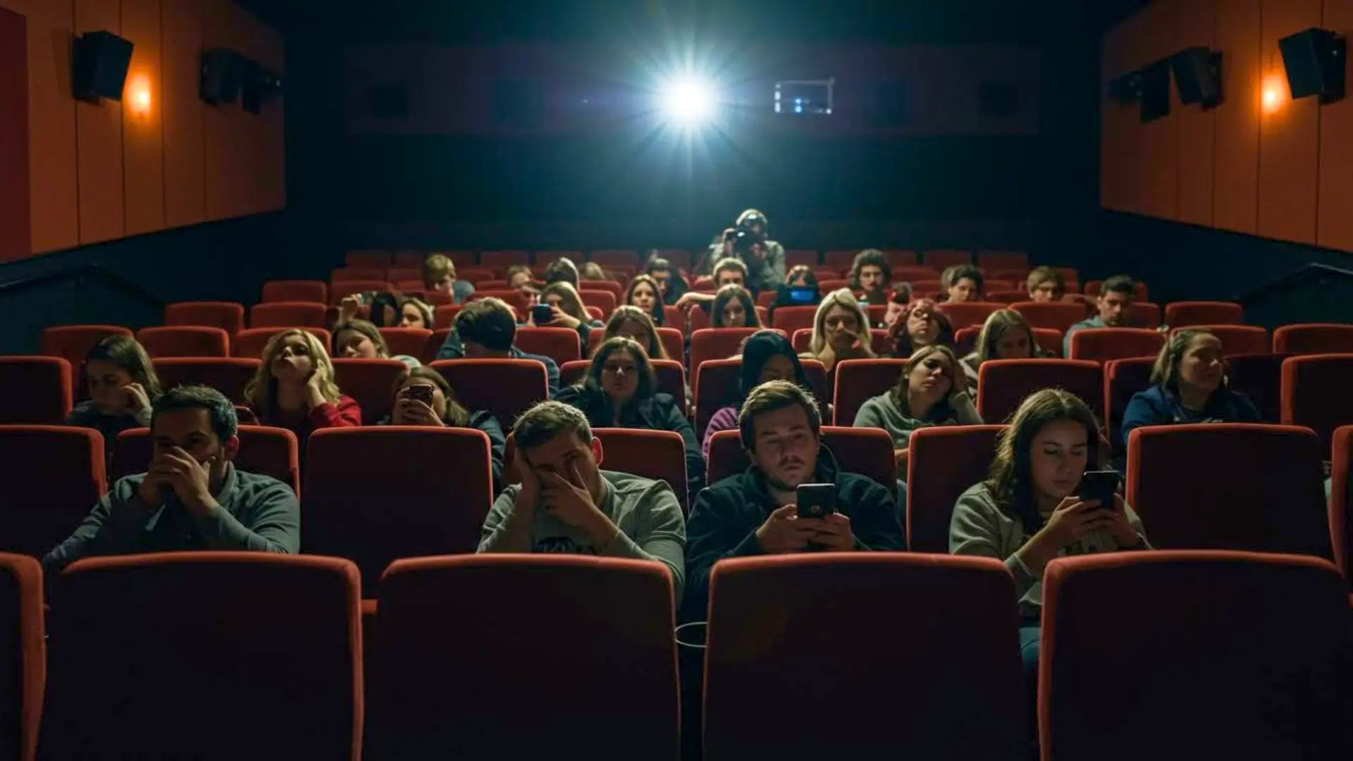 Spectateurs frustrés dans une salle de cinéma, regardant leur téléphone après la projection d’Avatar 3 sans teaser Marvel