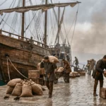 Scène de port médiéval avec un grand navire en bois amarré, des dockers transportant des sacs et des caisses, et des bâtiments en pierre en arrière-plan.