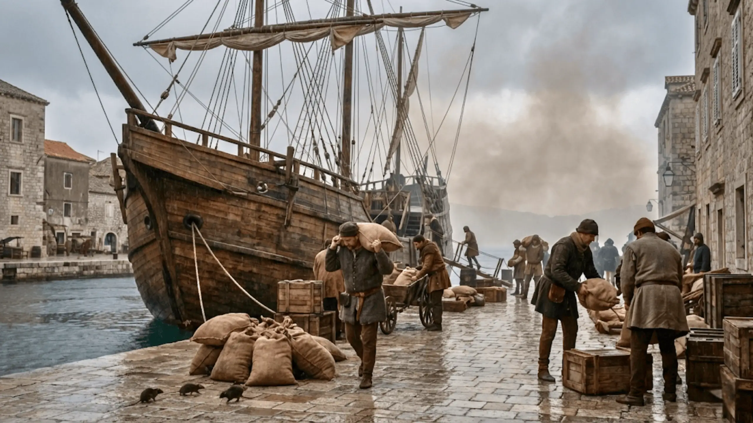 Scène de port médiéval avec un grand navire en bois amarré, des dockers transportant des sacs et des caisses, et des bâtiments en pierre en arrière-plan.