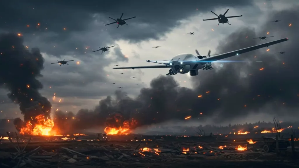 Essaim de drones militaires autonomes pilotés par intelligence artificielle survolant un champ de bataille en flammes lors d’un conflit moderne.
