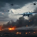 Essaim de drones militaires autonomes pilotés par intelligence artificielle survolant un champ de bataille en flammes lors d’un conflit moderne.