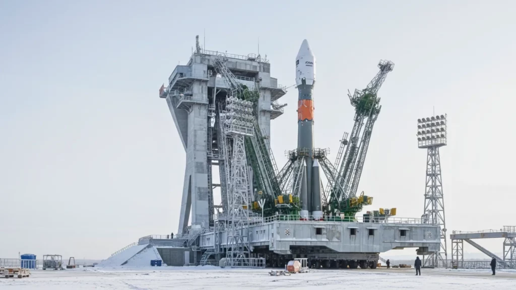 Fusée dressée sur un pas de tir à Baïkonour, entourée de structures métalliques et grues, dans un paysage enneigé sous un ciel clair.
