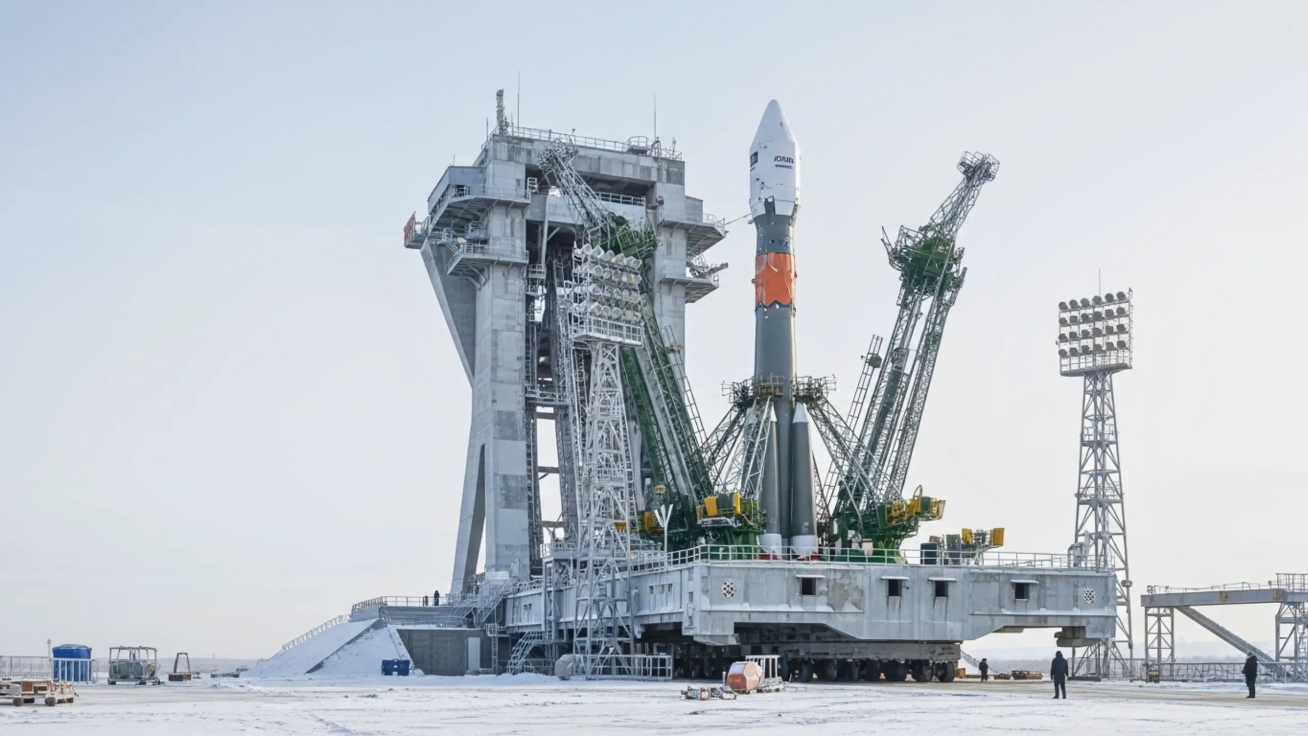 Fusée dressée sur un pas de tir à Baïkonour, entourée de structures métalliques et grues, dans un paysage enneigé sous un ciel clair.