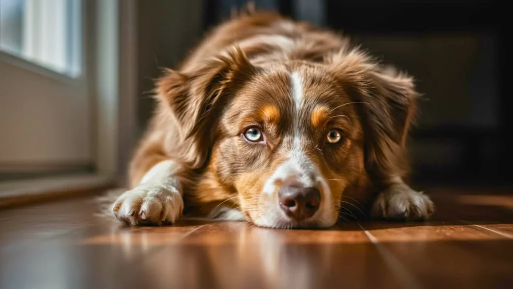 Berger australien aux yeux clairs allongé au sol, regard expressif illustrant le vieillissement précoce de la race