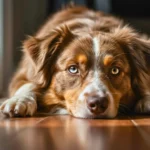Berger australien aux yeux clairs allongé au sol, regard expressif illustrant le vieillissement précoce de la race