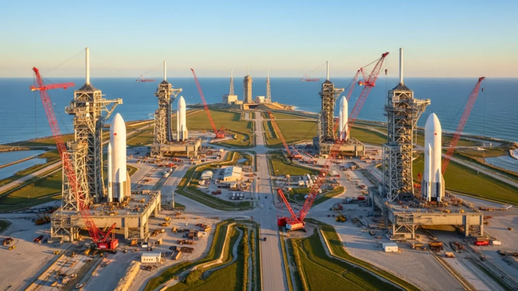 Vue aérienne de plusieurs pas de tir SpaceX en bord de mer, avec des fusées en position verticale et de grandes grues de construction.