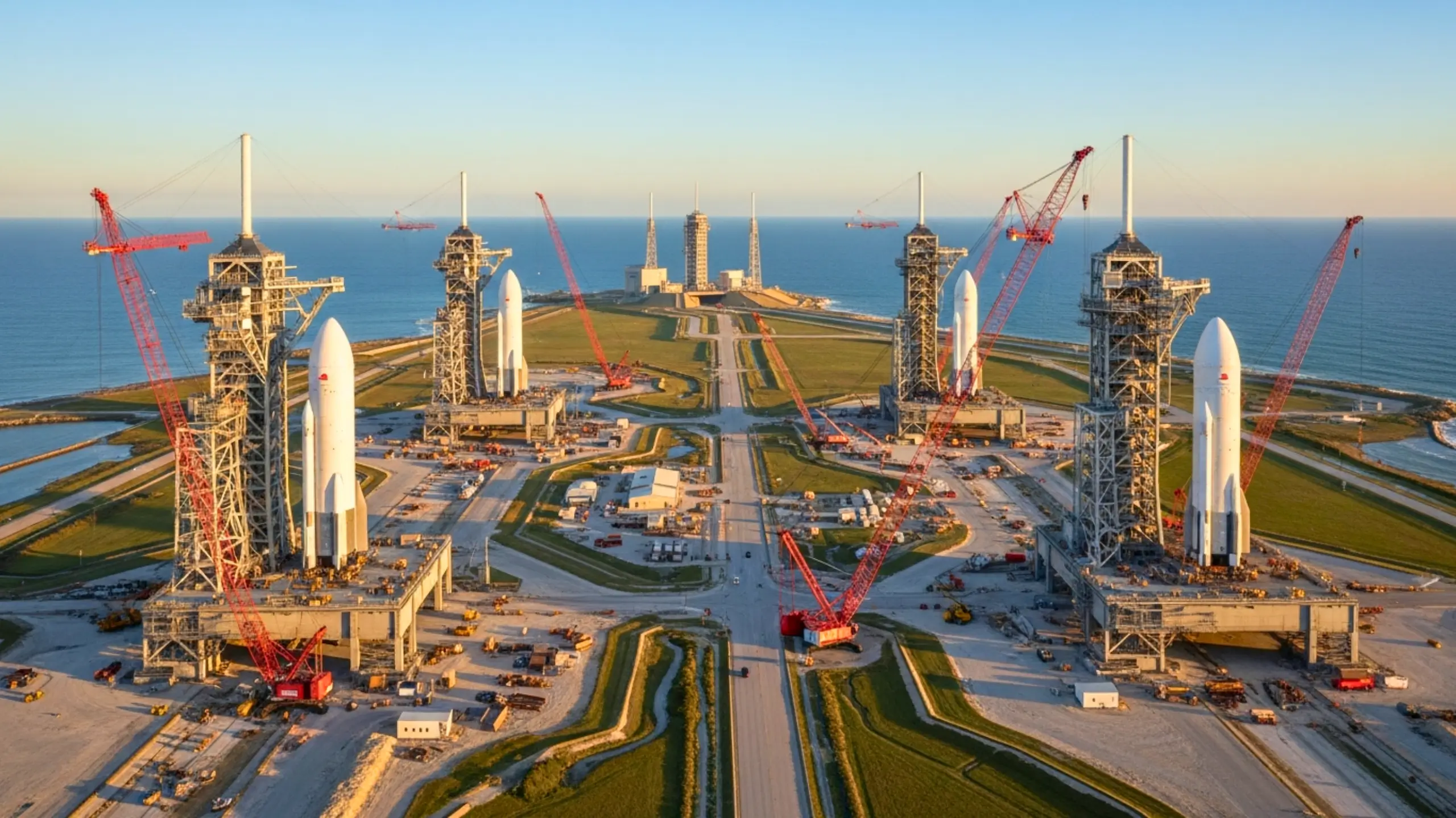 Vue aérienne de plusieurs pas de tir SpaceX en bord de mer, avec des fusées en position verticale et de grandes grues de construction.