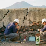 Archéologues en casque blanc étudiant un mur fissuré contenant des fragments de poteries et outils, avec un volcan visible en arrière-plan.