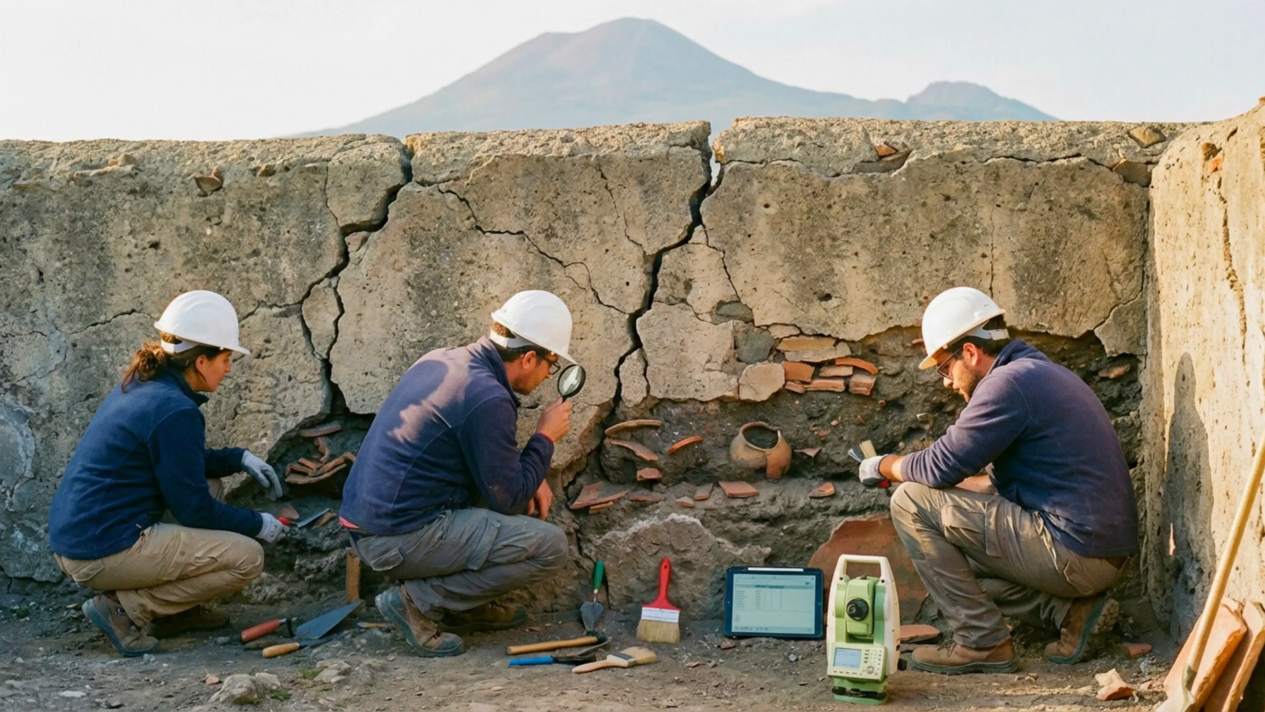 Archéologues en casque blanc étudiant un mur fissuré contenant des fragments de poteries et outils, avec un volcan visible en arrière-plan.