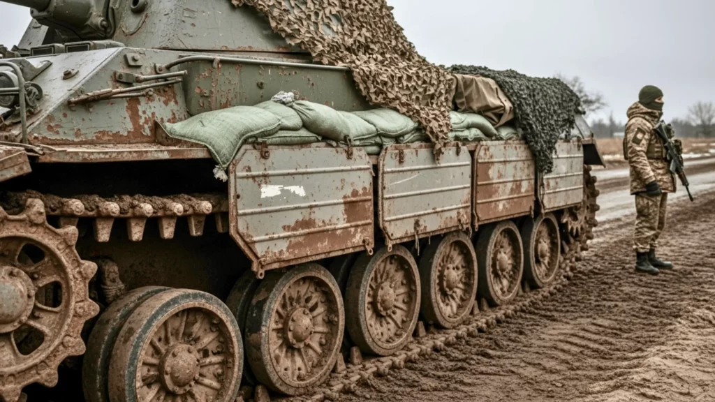 Gros plan sur un blindé chenillé usé et camouflé, avec sacs de sable et filets, sur une route boueuse, un soldat armé à proximité.