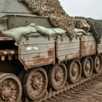 Gros plan sur un blindé chenillé usé et camouflé, avec sacs de sable et filets, sur une route boueuse, un soldat armé à proximité.