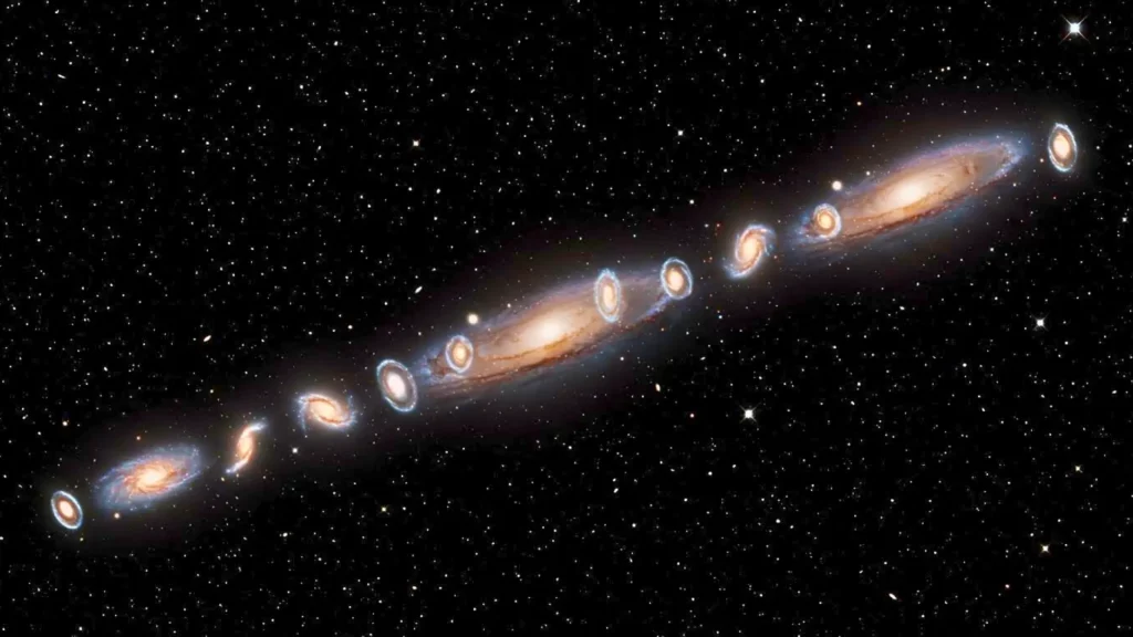 Illustration d’un filament cosmique reliant 14 galaxies en rotation dans l’espace profond.