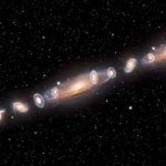 Illustration d’un filament cosmique reliant 14 galaxies en rotation dans l’espace profond.